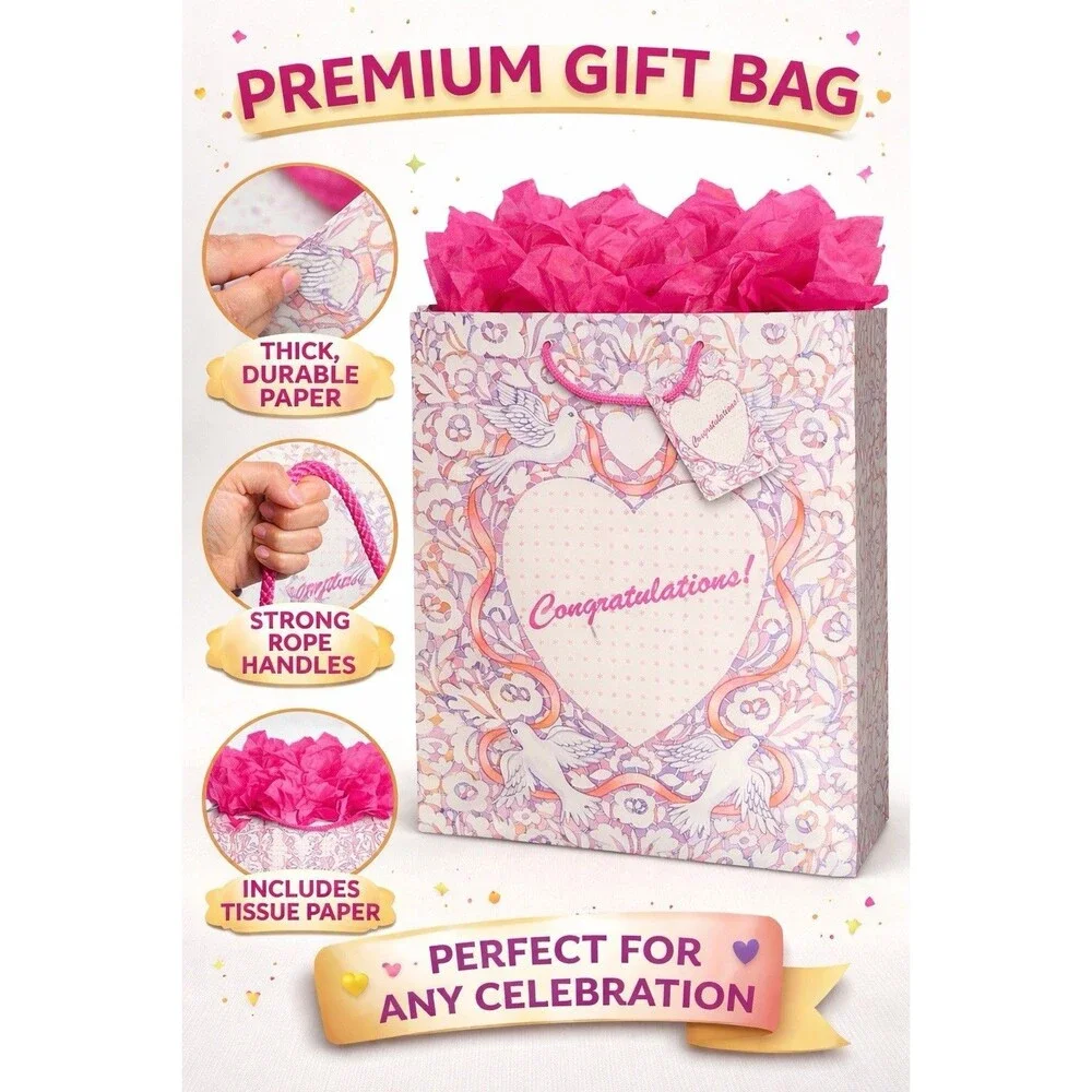 2 Pack Congratulations Gift Bags w/ Tissue Paper Birthday Graduation Baby Shower